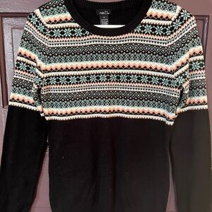 rue21 Black Crewneck Sweater with Mint & Peach Fair Isle Detail